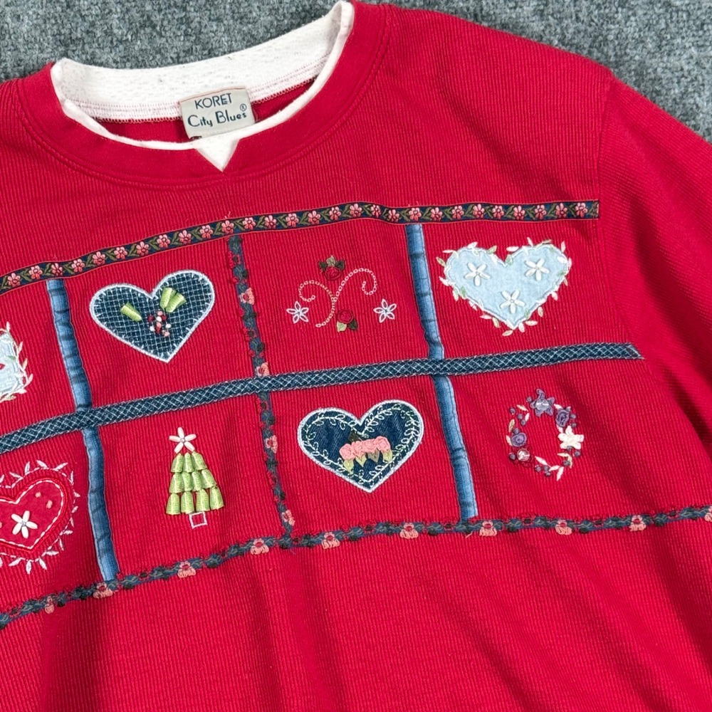 Koret City Blues GrandmaCore Embroidered Hearts Christmas Holiday Sweatshirt L